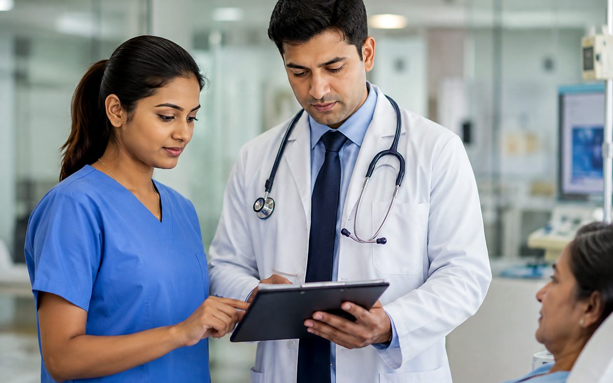 A nurse and a doctor reviewing notes on a tablet at a patient's bedside