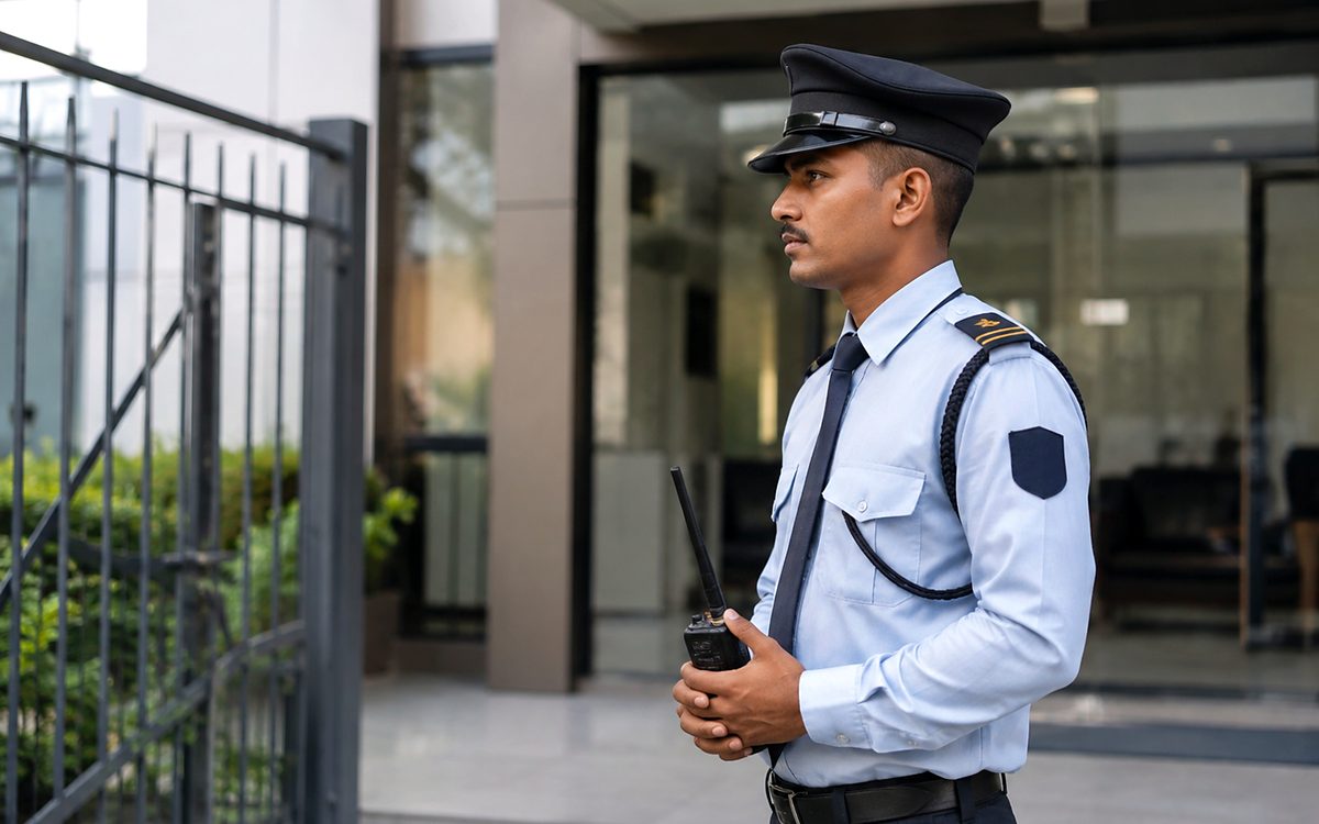 A security officer in uniform on duty at a building entrance, hand radio in hand
