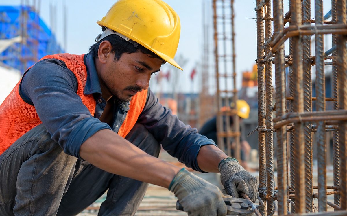 A steel fixer in a hard hat tying reinforcement bars on a construction site