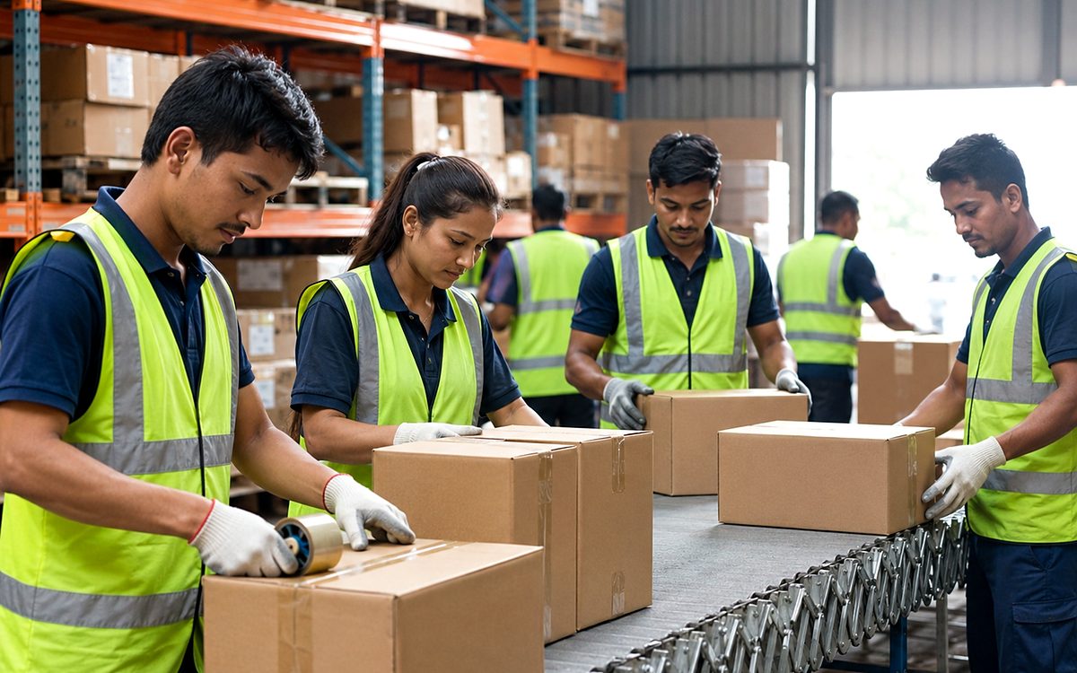 A team in high visibility vests packing boxes along a warehouse conveyor