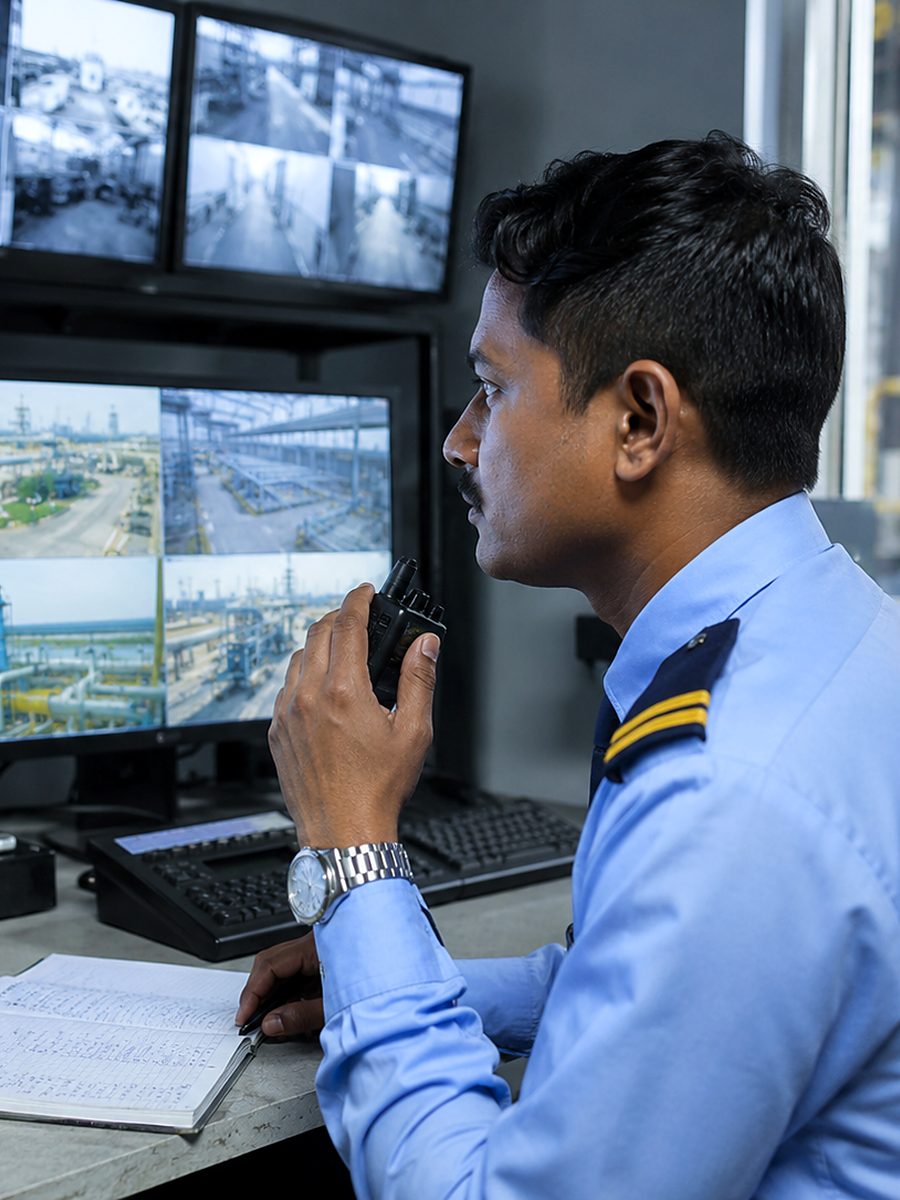 A control room operator at a bank of monitors, speaking into a hand radio