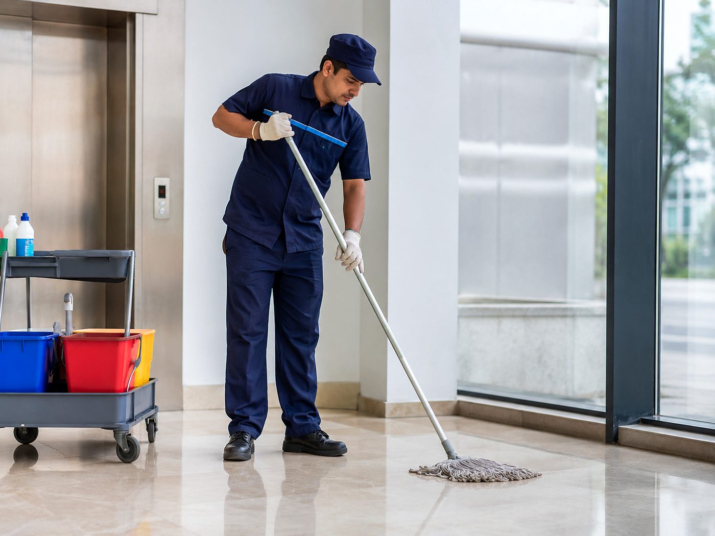 A cleaner in uniform mopping the floor of a bright building lobby, a cleaning trolley beside him